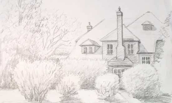 A landscape drawing of a large house